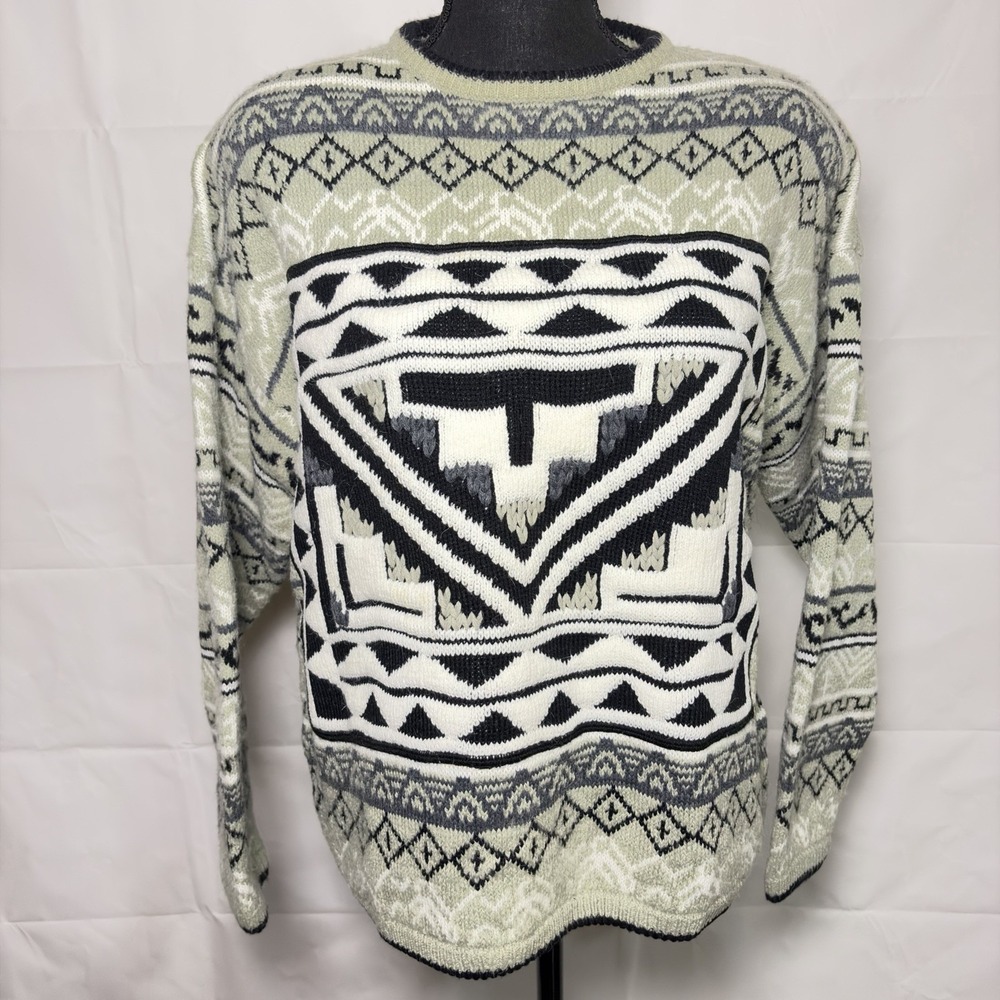 Vintage 1990s Kitty Hawk Sweater Gray Black White Geometric Eclectic Grandpa
